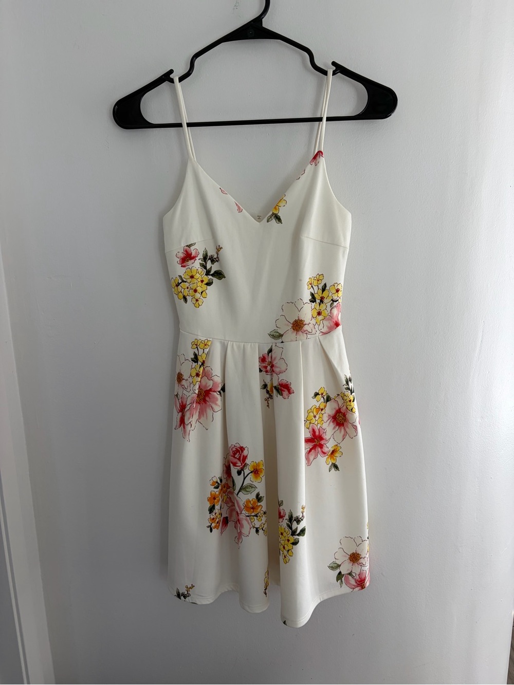 Soprano Cream Floral Spaghetti-Strap Mini Dress with Pink & Yellow Blooms